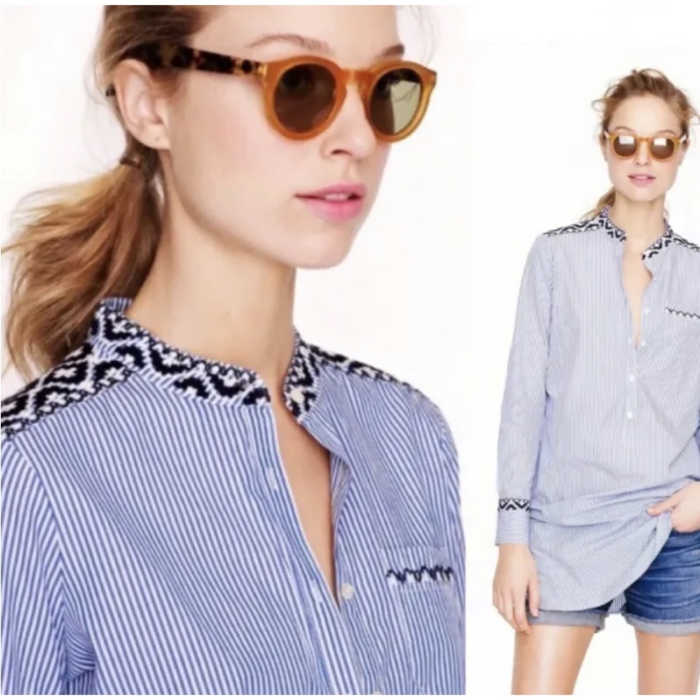 J. CREW Blue Stripe Long Sleeve Button Popover Blouse Tunic Embroidered Top Sz S